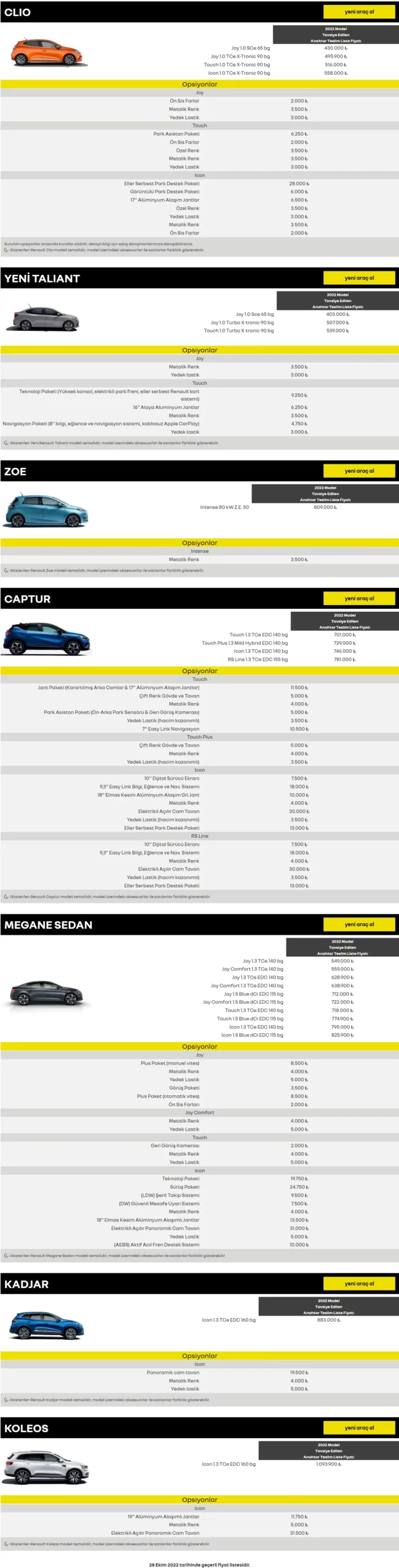 2022 kasım ayı renault fiyat listesi